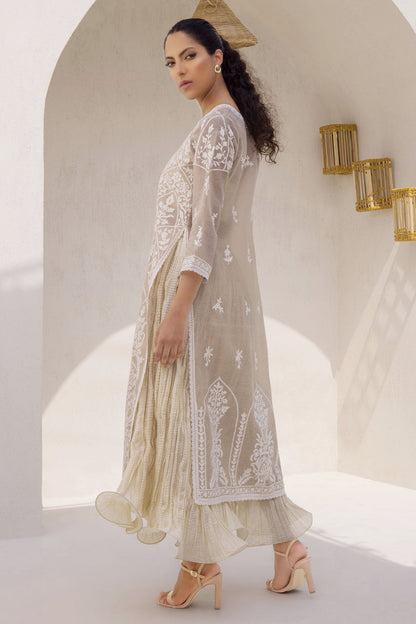 Ivory Khaddi Silk Embroidered Front Open Kurta Paired With Crushed Two-Legged Dhaka Trousers