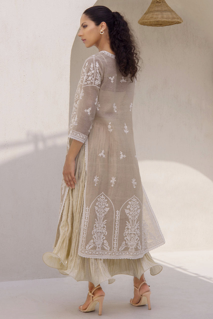 Ivory Khaddi Silk Embroidered Front Open Kurta Paired With Crushed Two-Legged Dhaka Trousers