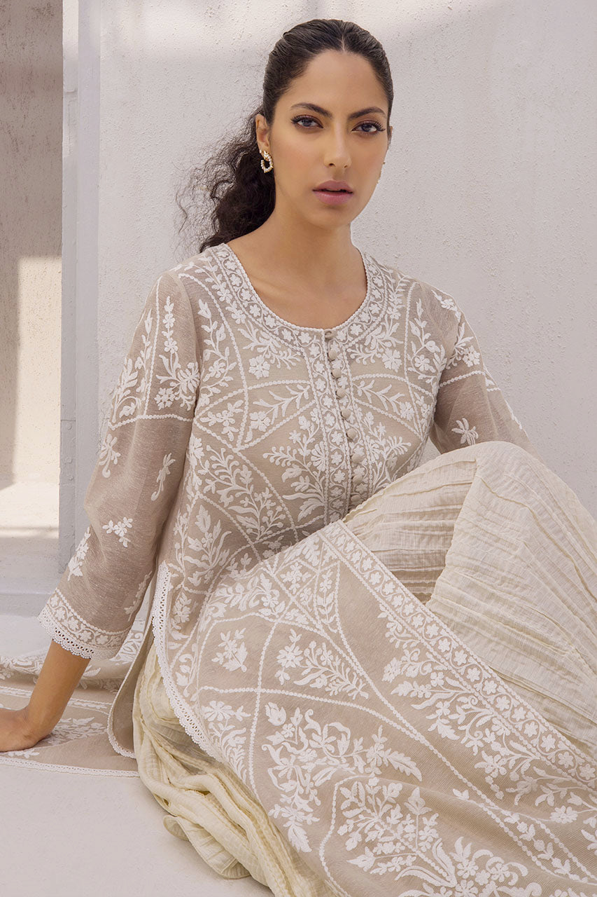 Ivory Khaddi Silk Embroidered Front Open Kurta Paired With Crushed Two-Legged Dhaka Trousers