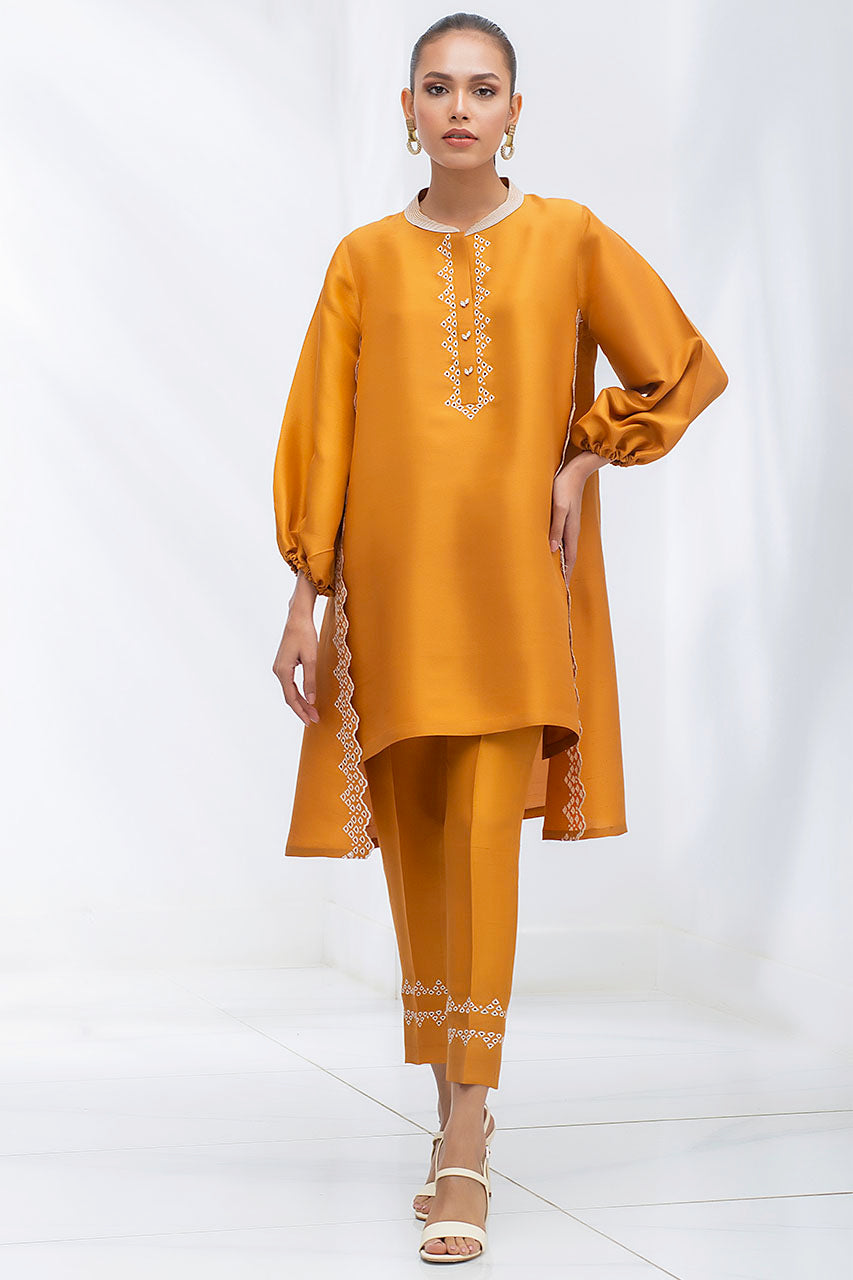 Mustard Raw Silk Kurta With Embroidery Detailing