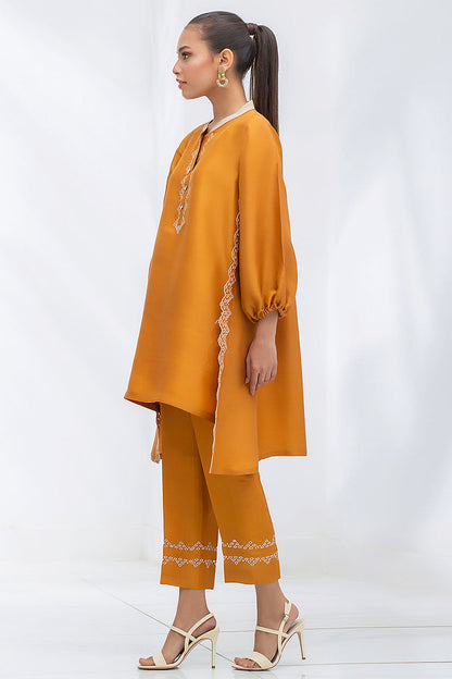 Mustard Raw Silk Kurta With Embroidery Detailing