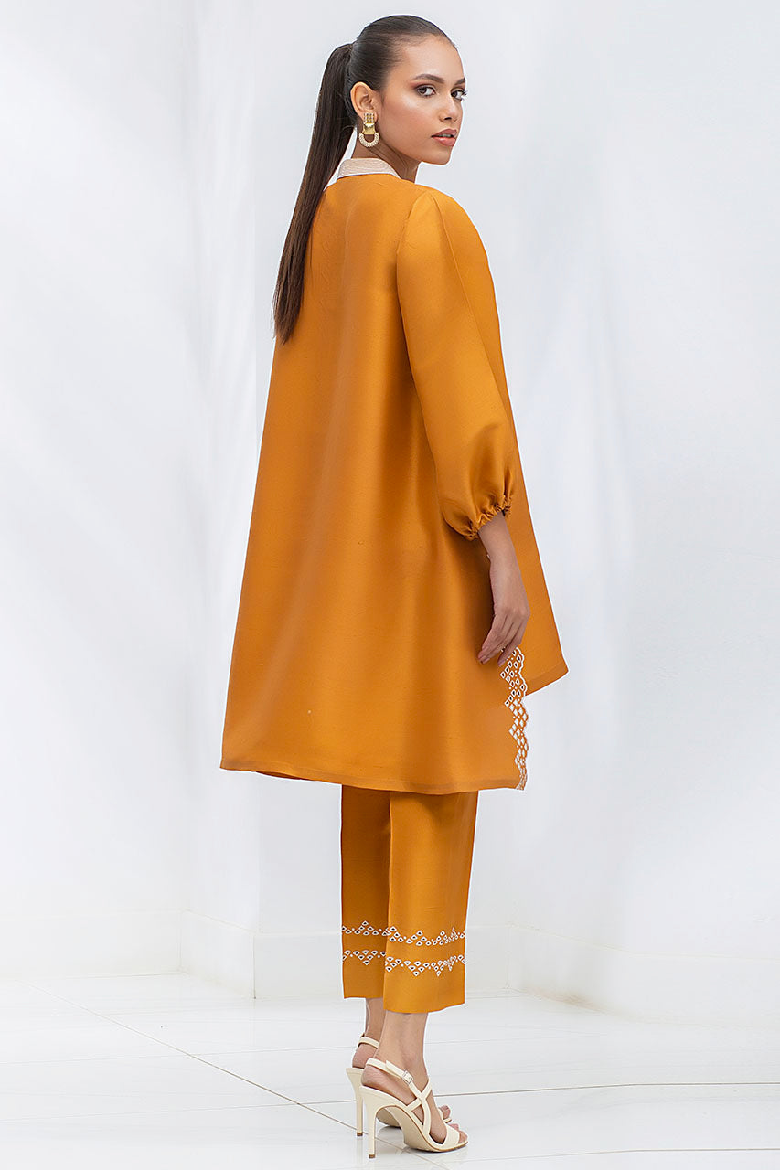 Mustard Raw Silk Kurta With Embroidery Detailing