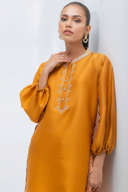 Mustard Raw Silk Kurta With Embroidery Detailing