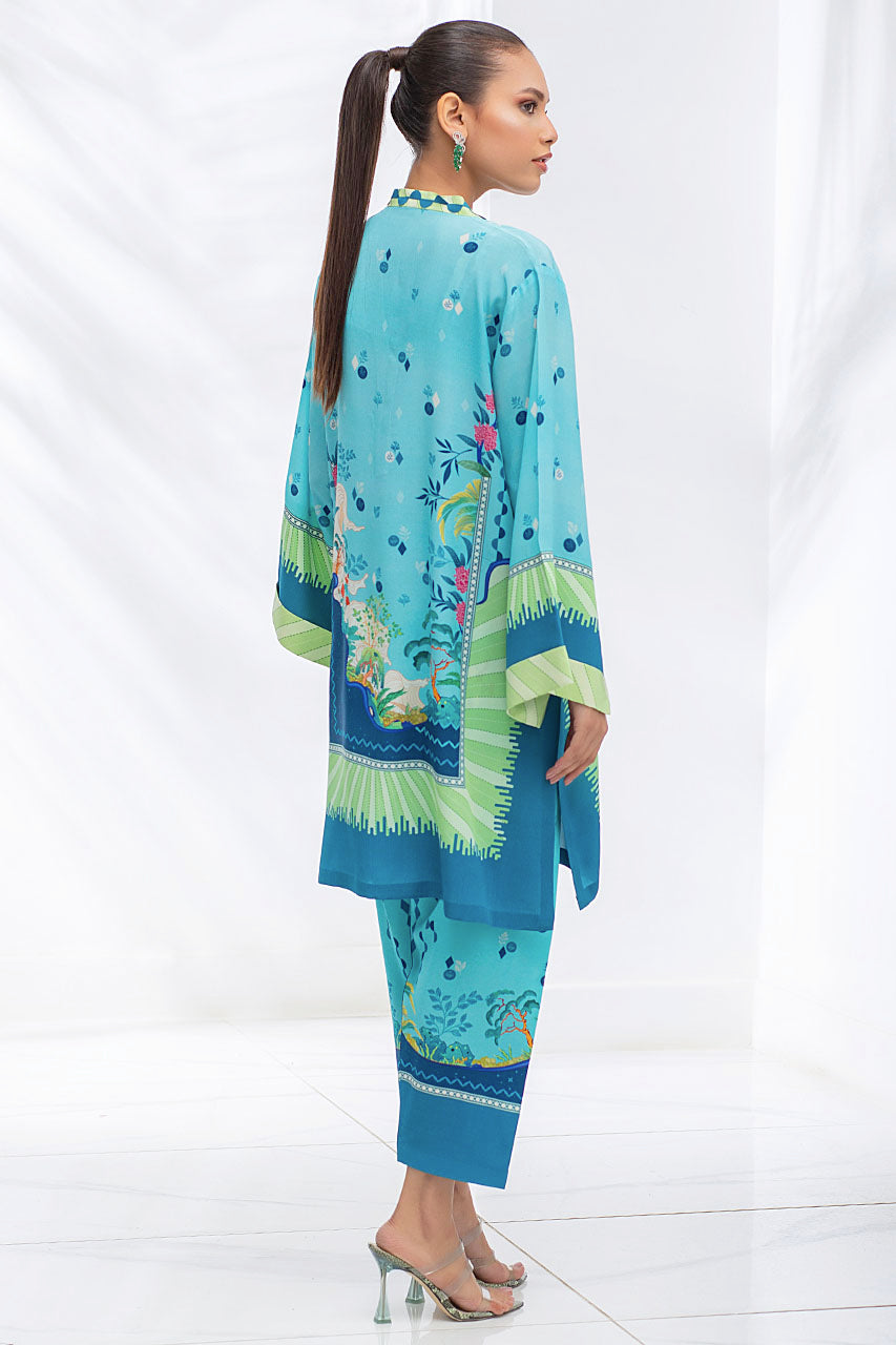 Sea Blue And Navy Blue Crepe Printed Kurta And Matching Printed Panwar