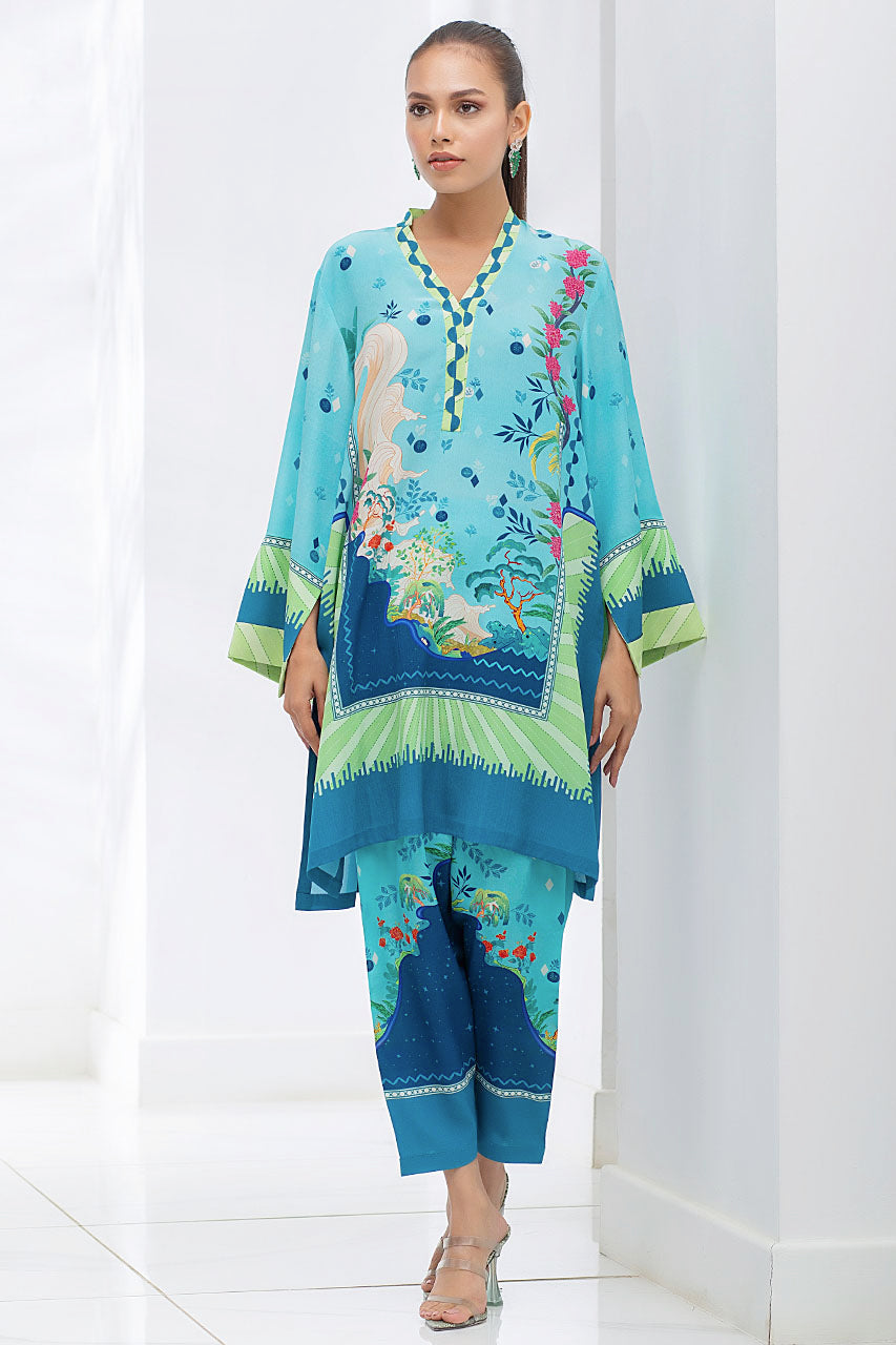 Sea Blue And Navy Blue Crepe Printed Kurta And Matching Printed Panwar