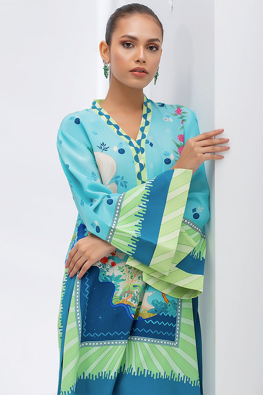 Sea Blue And Navy Blue Crepe Printed Kurta And Matching Printed Panwar