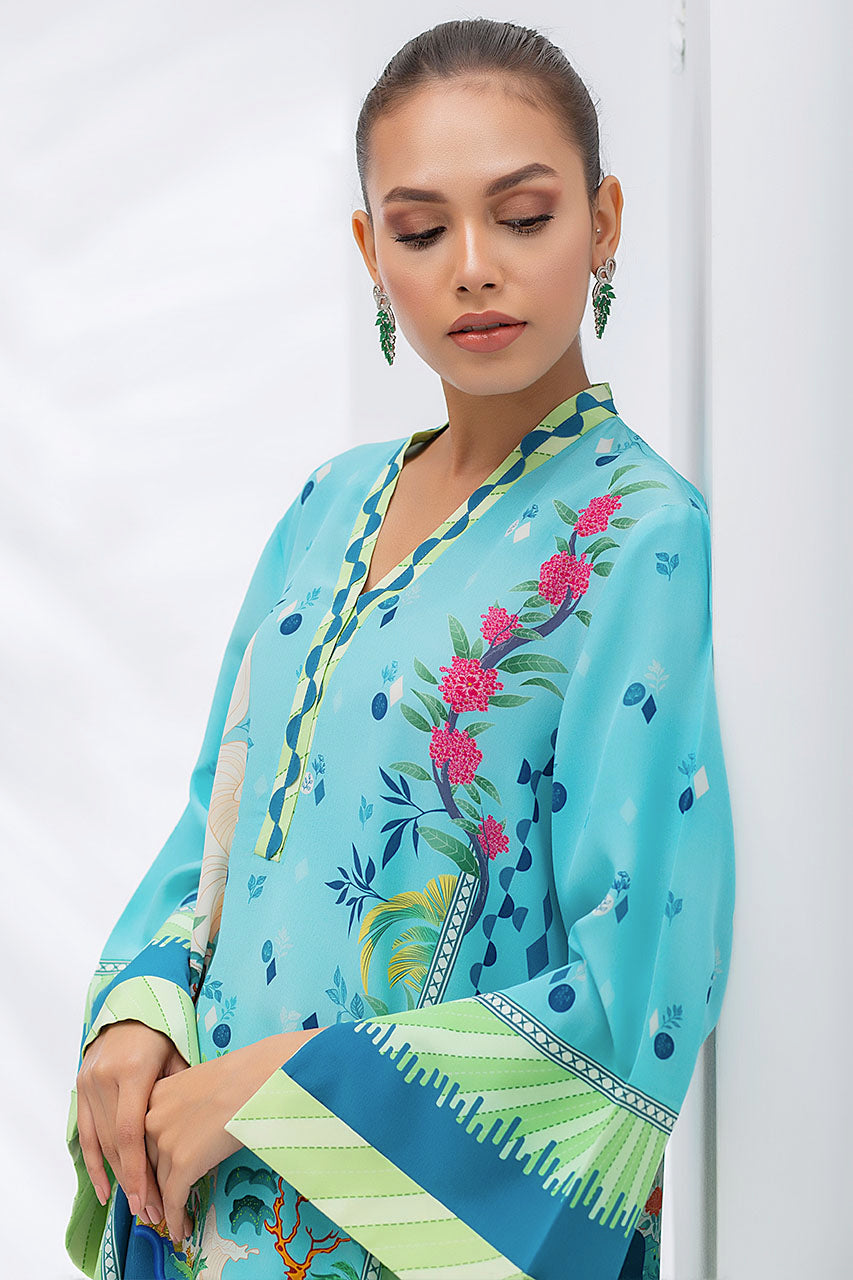 Sea Blue And Navy Blue Crepe Printed Kurta And Matching Printed Panwar