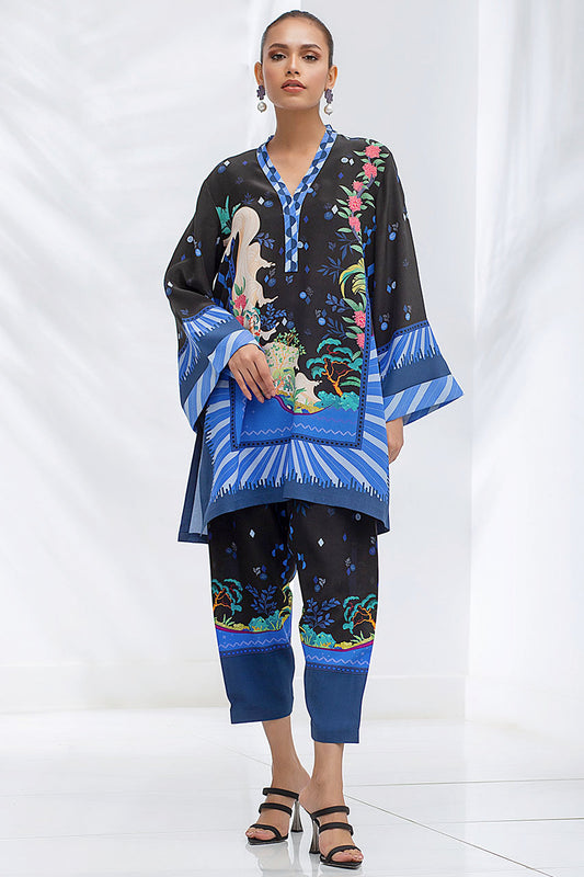 Black And Blue Crepe Printed Kurta And Matching Printed Panwar