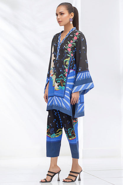 Black And Blue Crepe Printed Kurta And Matching Printed Panwar