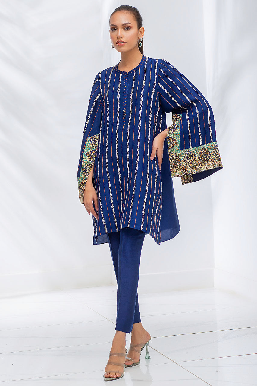 Raw Silk Embroidered Prussian Blue Kurta With Wide Printed Sleeves With Cut Out Detail