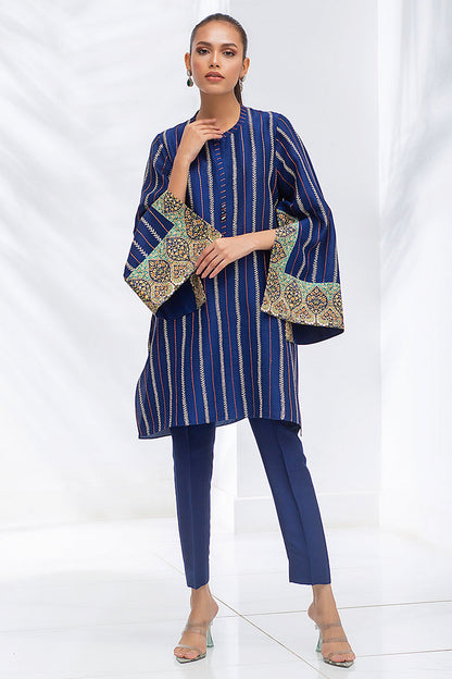 Raw Silk Embroidered Prussian Blue Kurta With Wide Printed Sleeves With Cut Out Detail