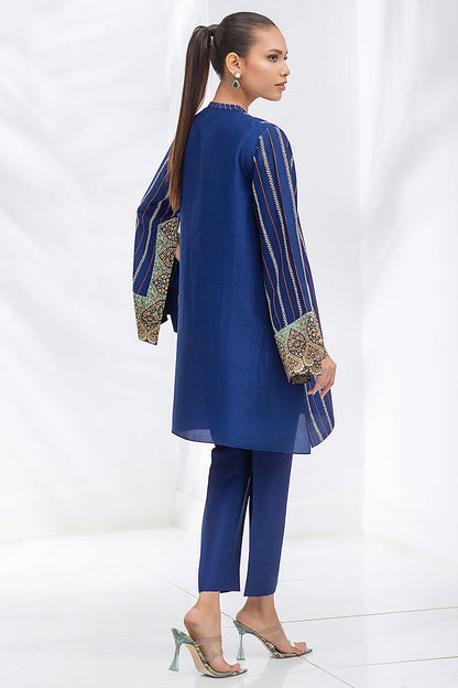 Raw Silk Embroidered Prussian Blue Kurta With Wide Printed Sleeves With Cut Out Detail