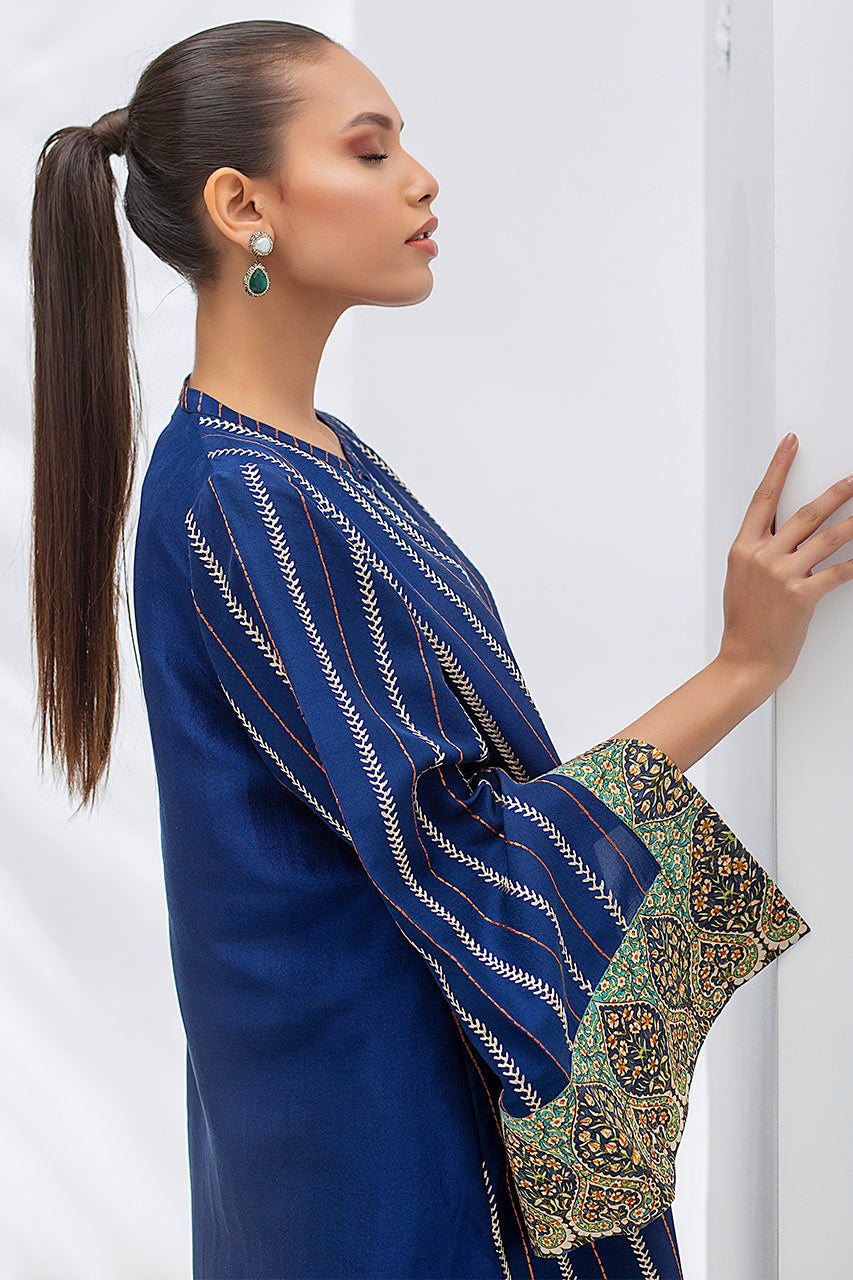 Raw Silk Embroidered Prussian Blue Kurta With Wide Printed Sleeves With Cut Out Detail