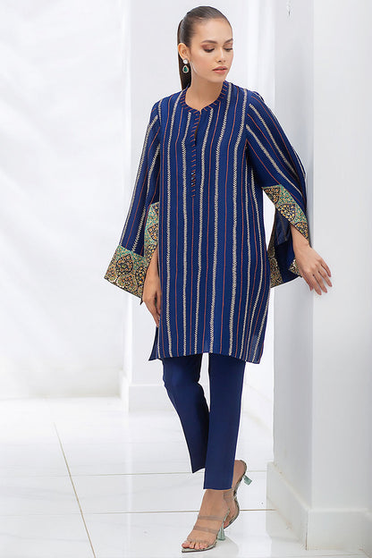 Raw Silk Embroidered Prussian Blue Kurta With Wide Printed Sleeves With Cut Out Detail