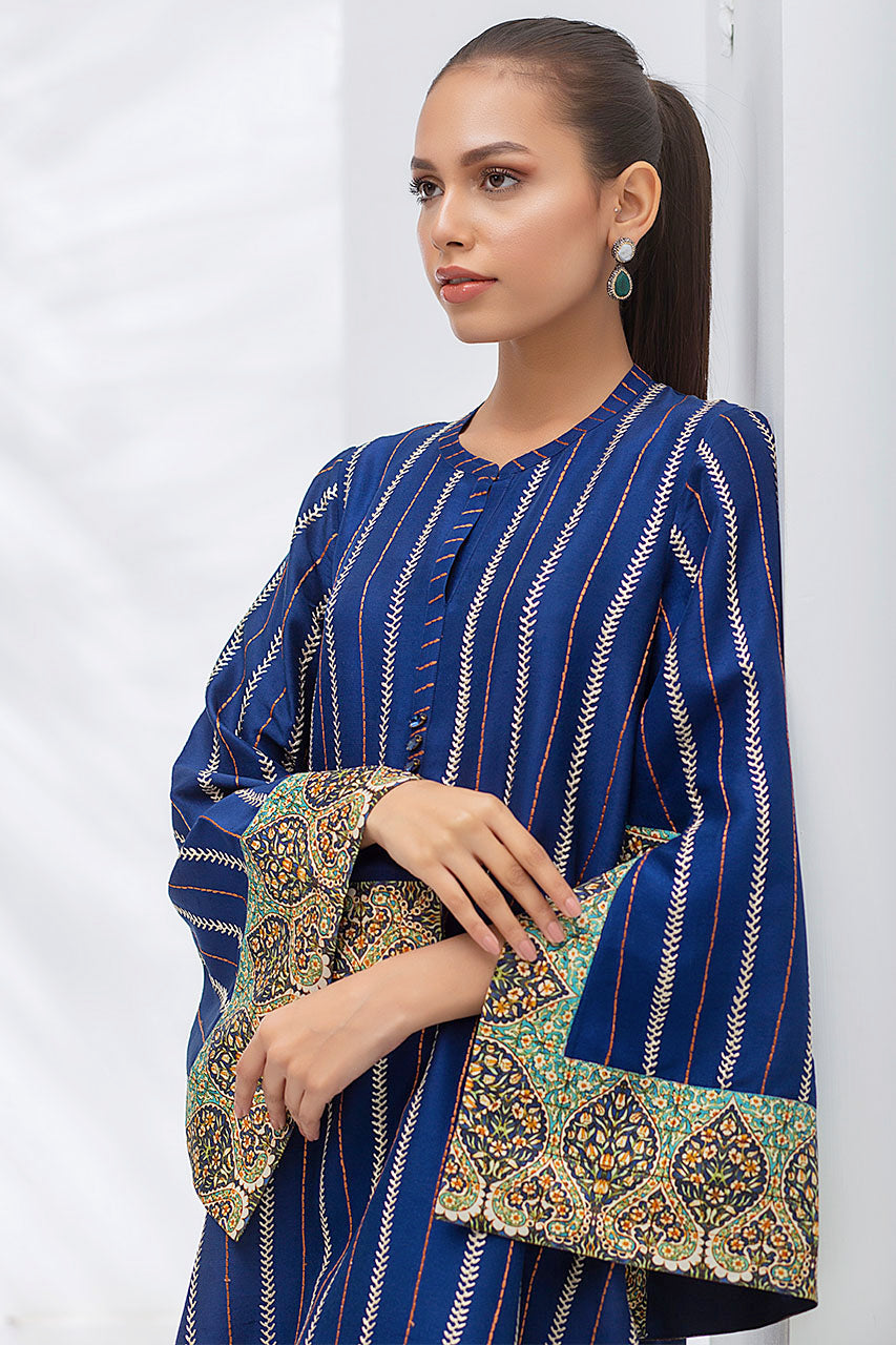 Raw Silk Embroidered Prussian Blue Kurta With Wide Printed Sleeves With Cut Out Detail