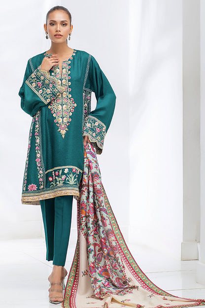 Parrot Green Embroidered Self Jamawar Kurta With Silk Printed Dupatta