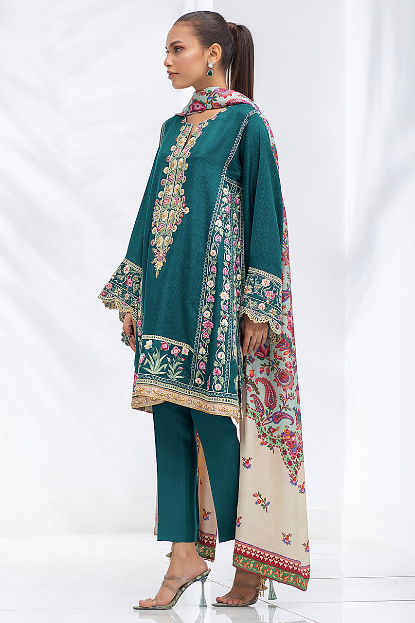 Parrot Green Embroidered Self Jamawar Kurta With Silk Printed Dupatta