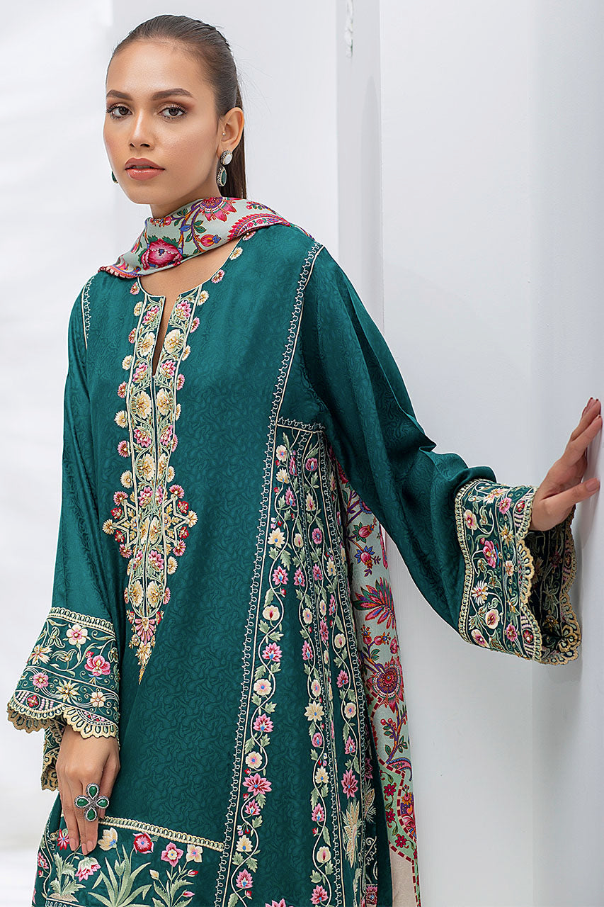 Parrot Green Embroidered Self Jamawar Kurta With Silk Printed Dupatta