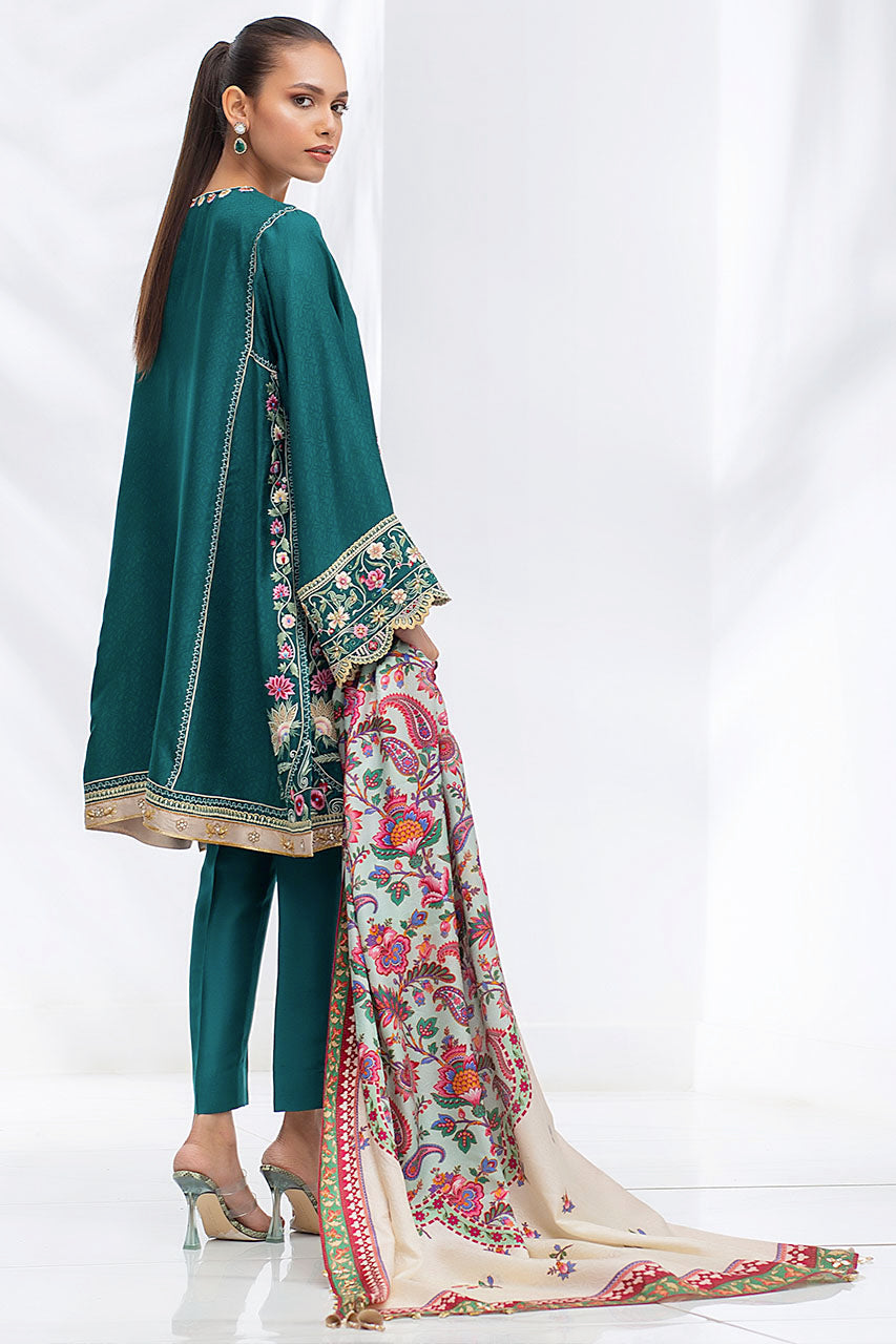 Parrot Green Embroidered Self Jamawar Kurta With Silk Printed Dupatta