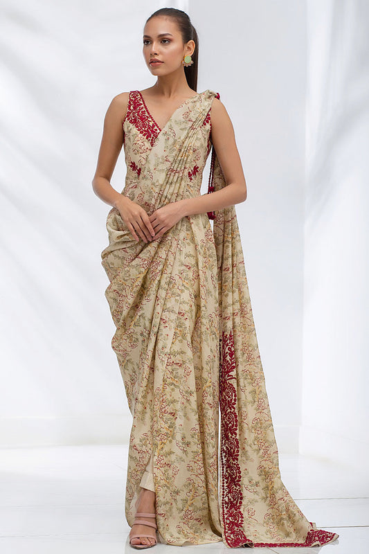 Sand Coloured Khaddi Silk Draped Sari With Crop Trousers