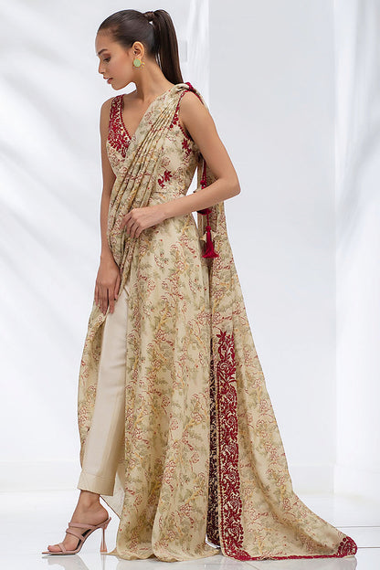 Sand Coloured Khaddi Silk Draped Sari With Crop Trousers