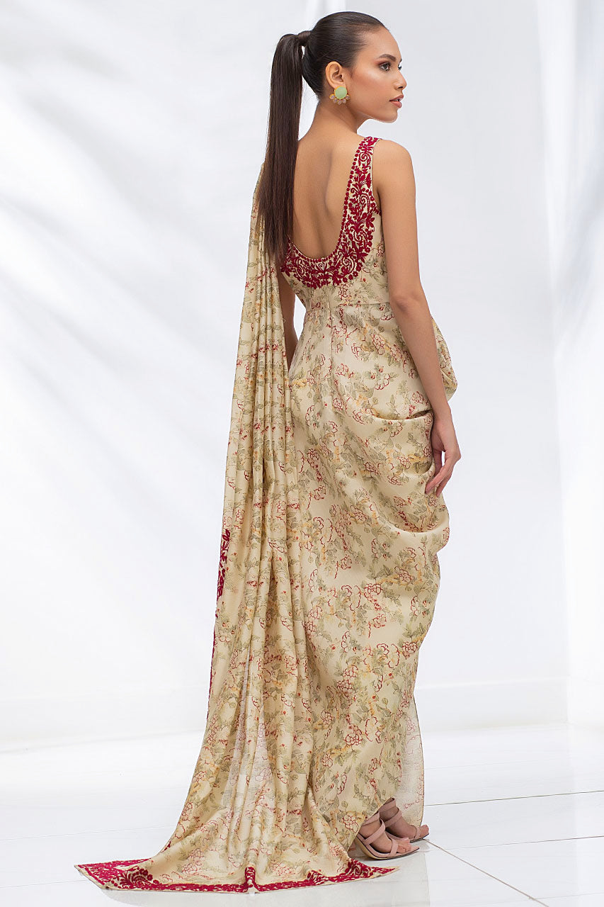 Sand Coloured Khaddi Silk Draped Sari With Crop Trousers