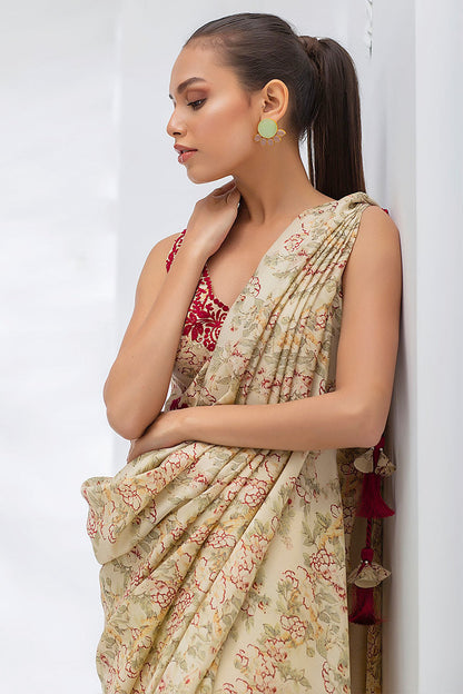 Sand Coloured Khaddi Silk Draped Sari With Crop Trousers