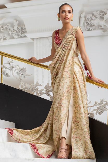 Sand Coloured Khaddi Silk Draped Sari With Crop Trousers