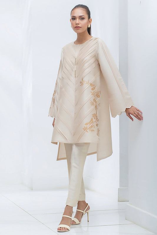 Sand Gold Raw Silk Chevron Pleated Kurta With Screen Print Detailing