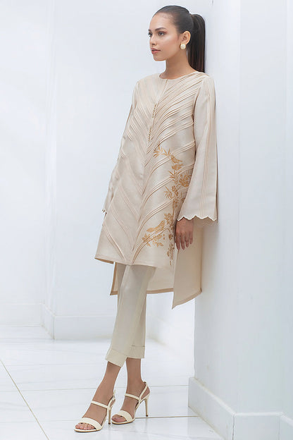 Sand Gold Raw Silk Chevron Pleated Kurta With Screen Print Detailing