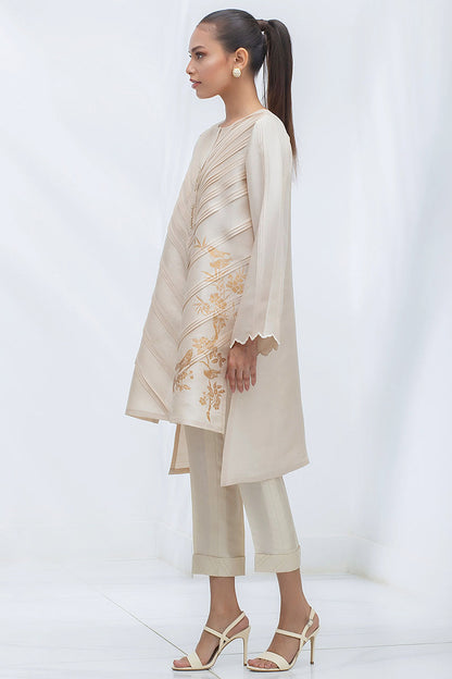 Sand Gold Raw Silk Chevron Pleated Kurta With Screen Print Detailing