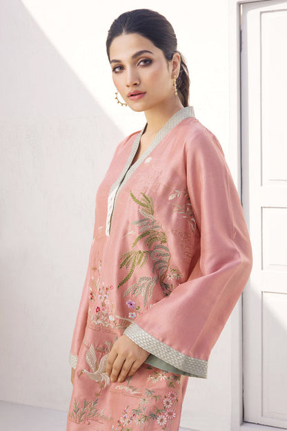 Peony Embroidered Raw Silk Kurta