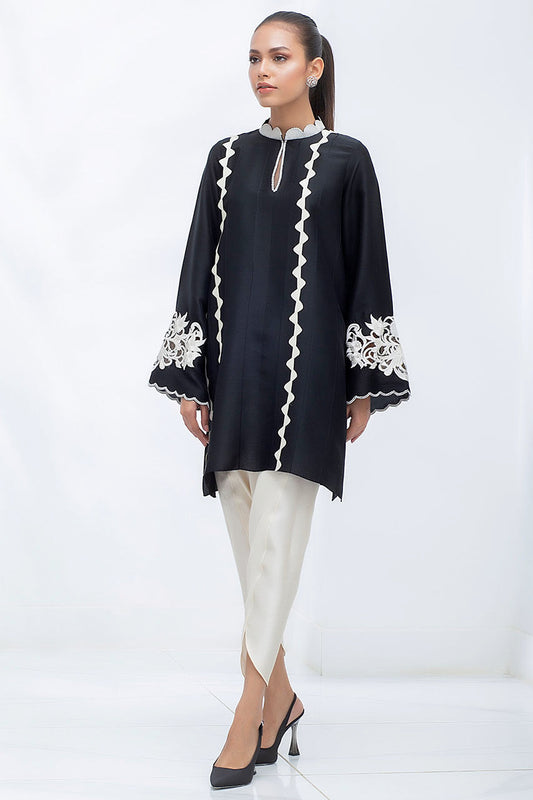 Black Raw Silk Kurta With An Embroidered Scallop Collar And Cutout Sleeve Detailing