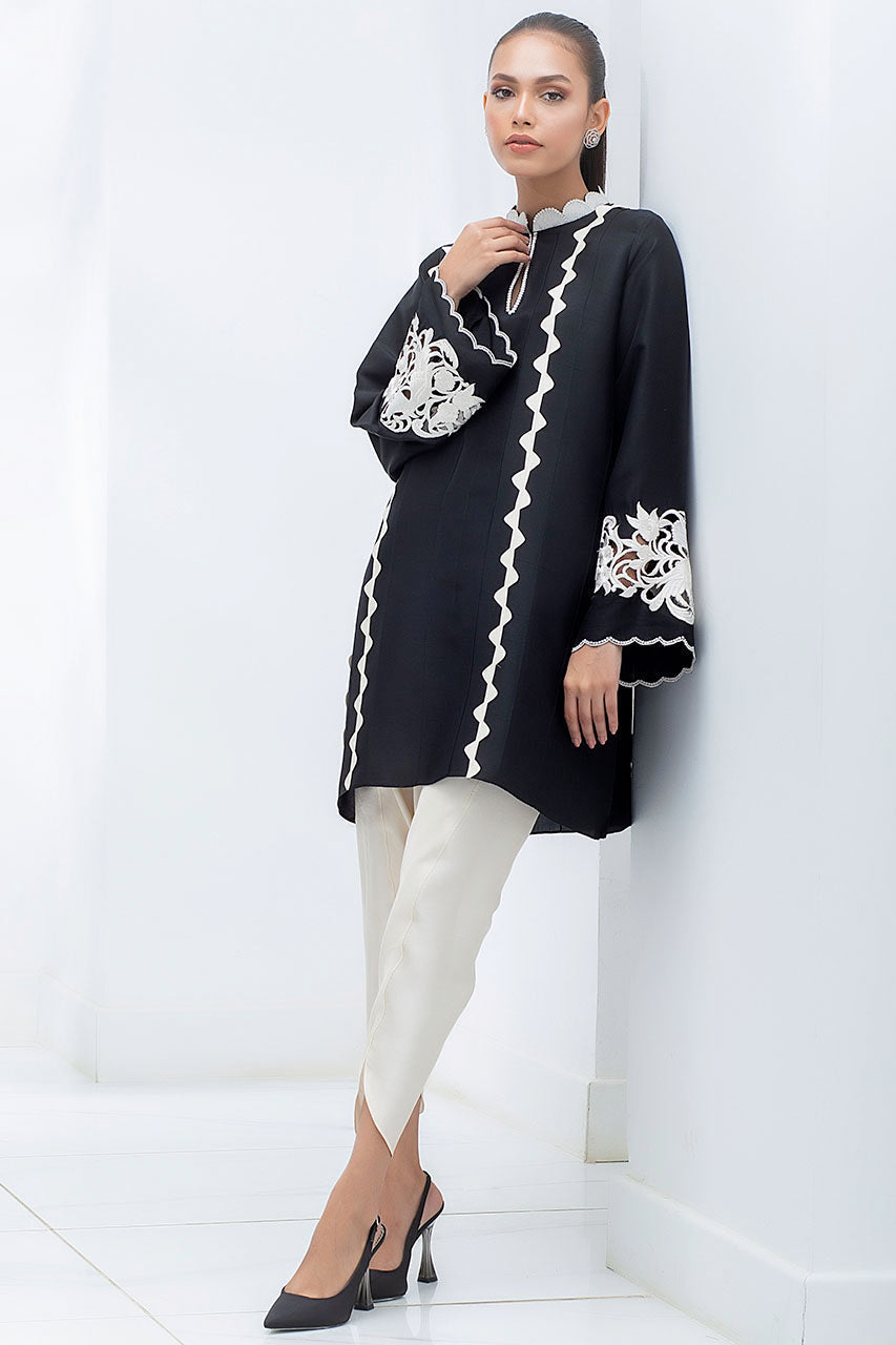 Black Raw Silk Kurta With An Embroidered Scallop Collar And Cutout Sleeve Detailing