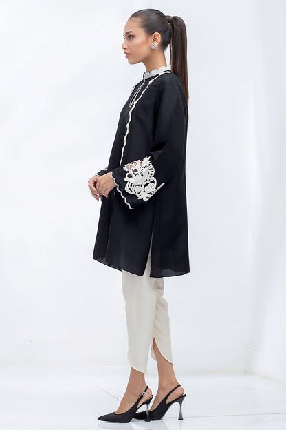 Black Raw Silk Kurta With An Embroidered Scallop Collar And Cutout Sleeve Detailing