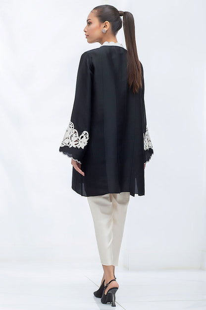 Black Raw Silk Kurta With An Embroidered Scallop Collar And Cutout Sleeve Detailing