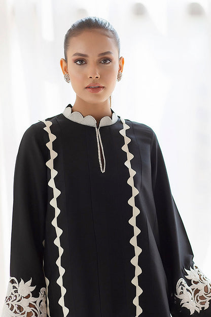 Black Raw Silk Kurta With An Embroidered Scallop Collar And Cutout Sleeve Detailing