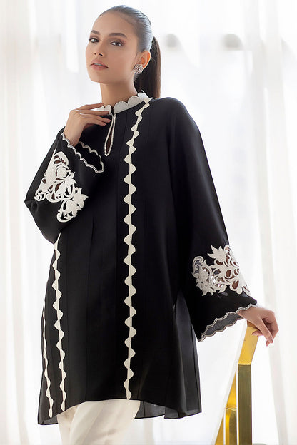 Black Raw Silk Kurta With An Embroidered Scallop Collar And Cutout Sleeve Detailing