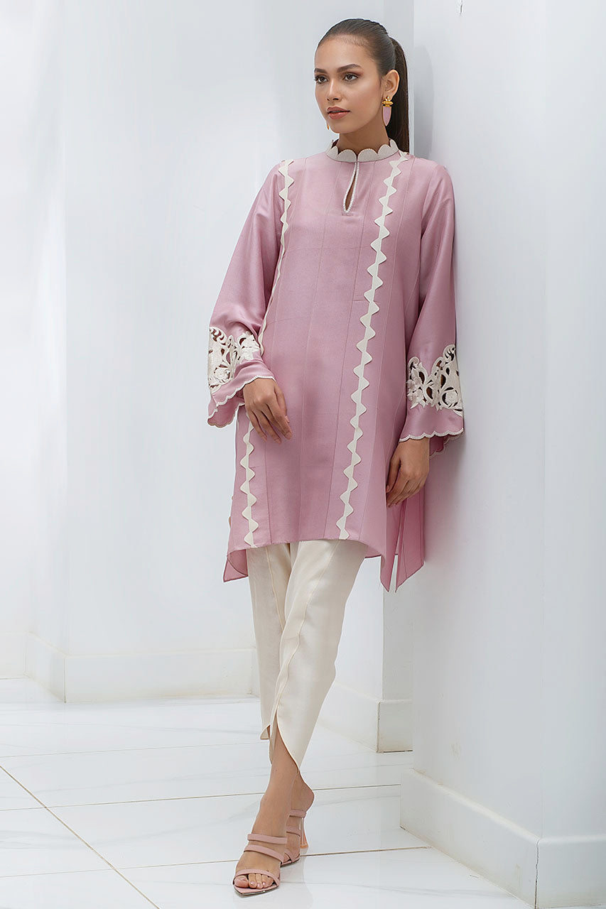 Cotton Candy Pink Raw Silk Kurta With An Embroidered Collar And Sleeve Detailing