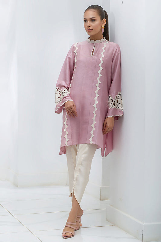 Cotton Candy Pink Raw Silk Kurta With An Embroidered Collar And Sleeve Detailing