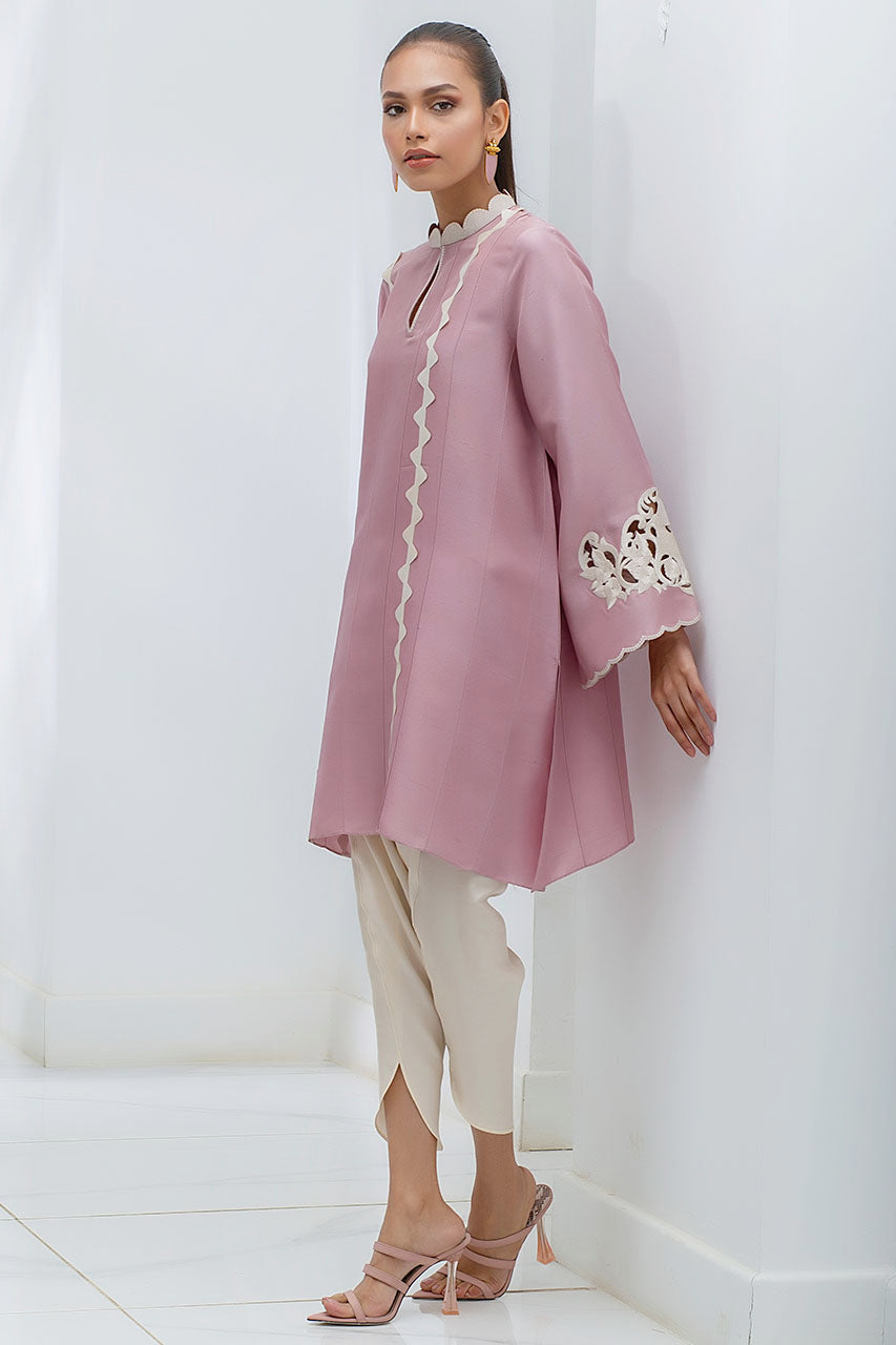 Cotton Candy Pink Raw Silk Kurta With An Embroidered Collar And Sleeve Detailing