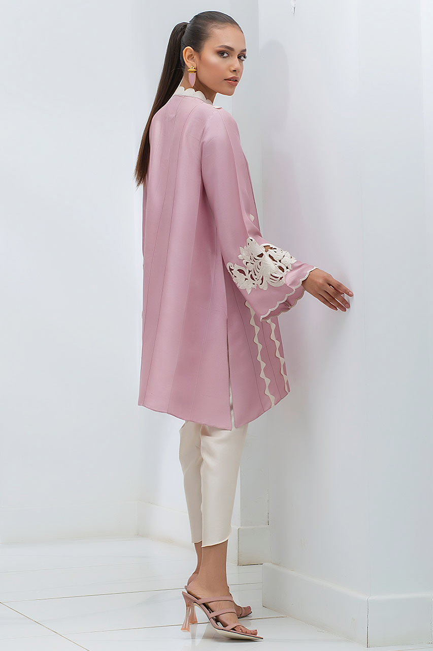 Cotton Candy Pink Raw Silk Kurta With An Embroidered Collar And Sleeve Detailing