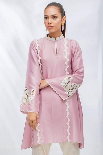 Cotton Candy Pink Raw Silk Kurta With An Embroidered Collar And Sleeve Detailing