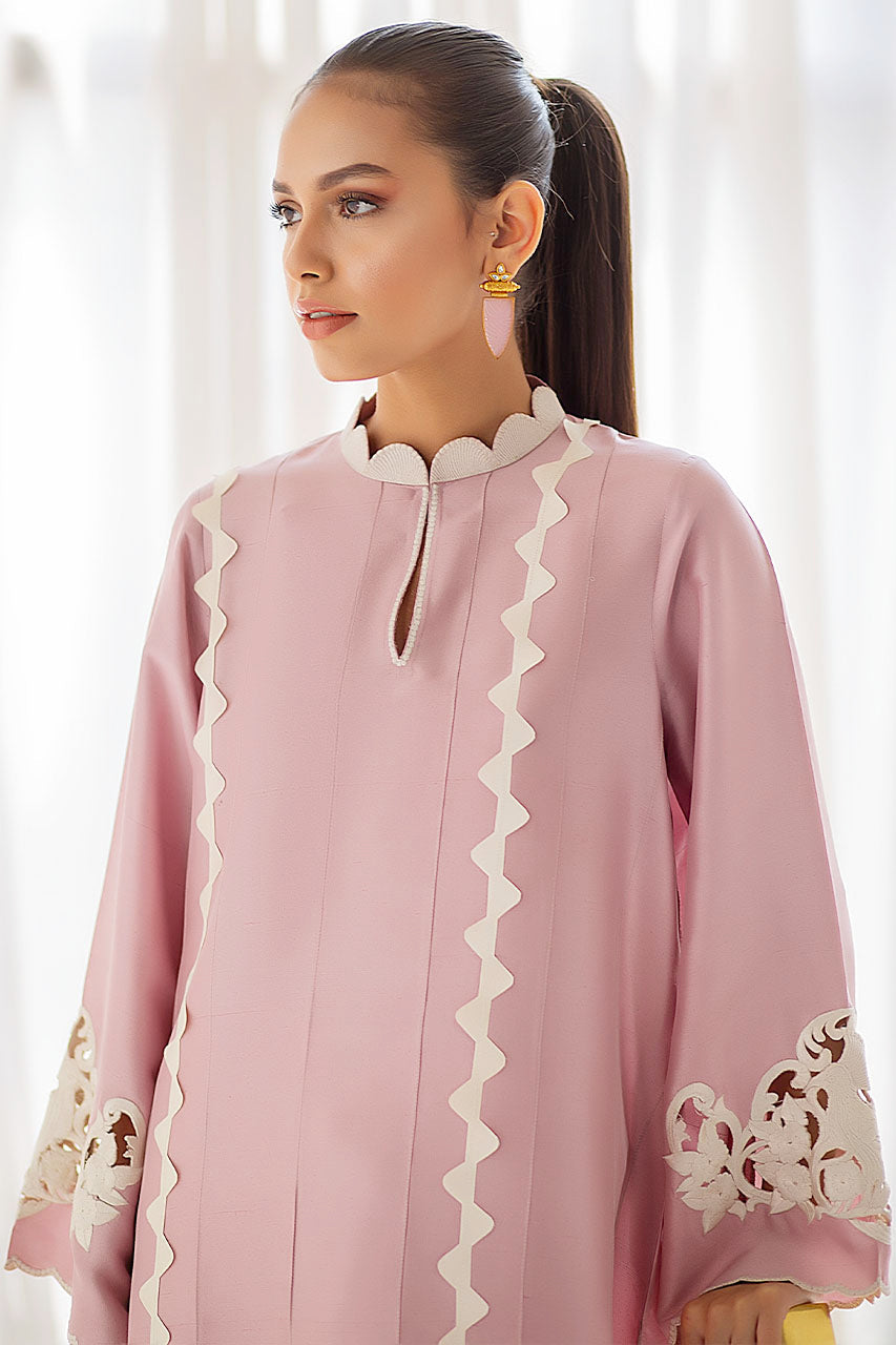 Cotton Candy Pink Raw Silk Kurta With An Embroidered Collar And Sleeve Detailing