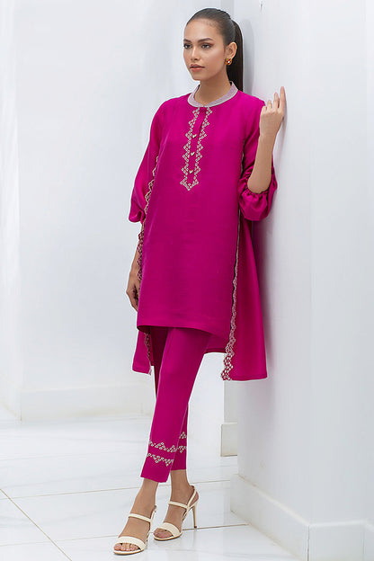 Fuschia Raw Silk Kurta With Embroidery Detailing