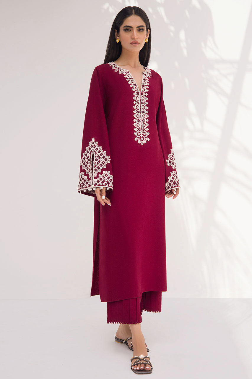 Garnet Coloured Karandi Kurta With Off-White Embroidery