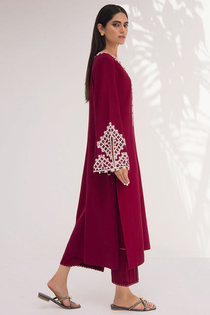 Garnet Coloured Karandi Kurta With Off-White Embroidery