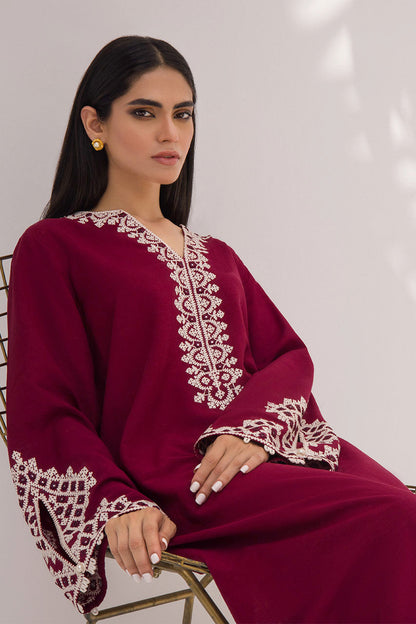 Garnet Coloured Karandi Kurta With Off-White Embroidery