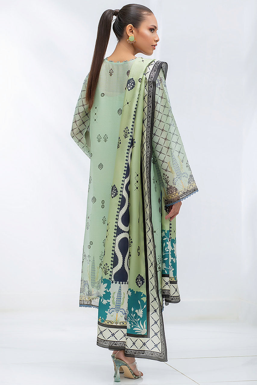 Celadon Cotton Net Digitally Printed Kurta With Printed Silk Dupatta