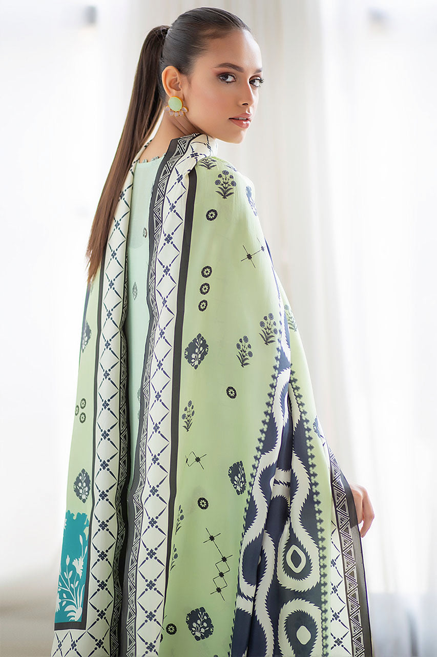 Celadon Cotton Net Digitally Printed Kurta With Printed Silk Dupatta